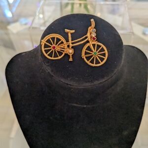 Gold Bicycle Brooch with Multicolor Accents